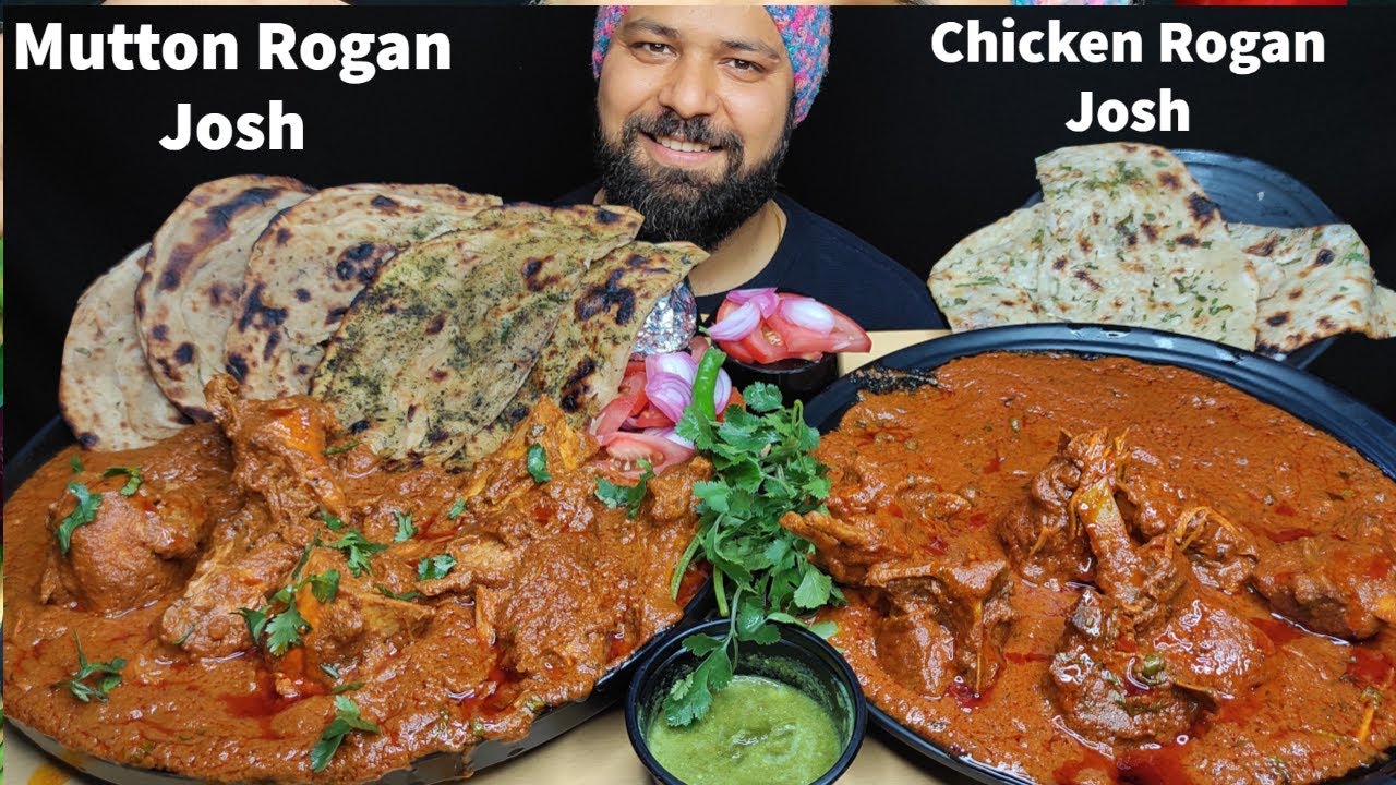 CHICKEN ROGAN JOSH, MUTTON ROGAN JOSH, BUTTER NAAN, PARATHA, ROTI EATING | Indian Food Mukabng ASMR