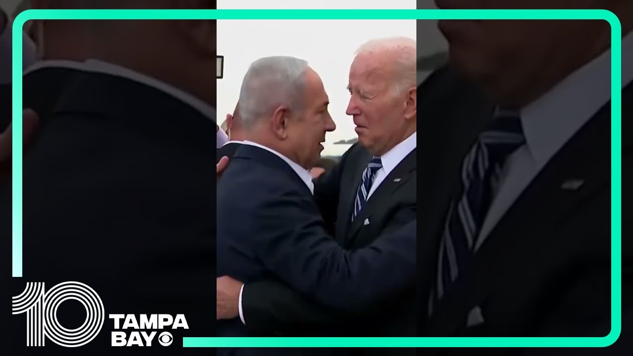 President Joe #Biden shares embrace with Israeli Prime Minister Netanyahu after landing in #Israel.