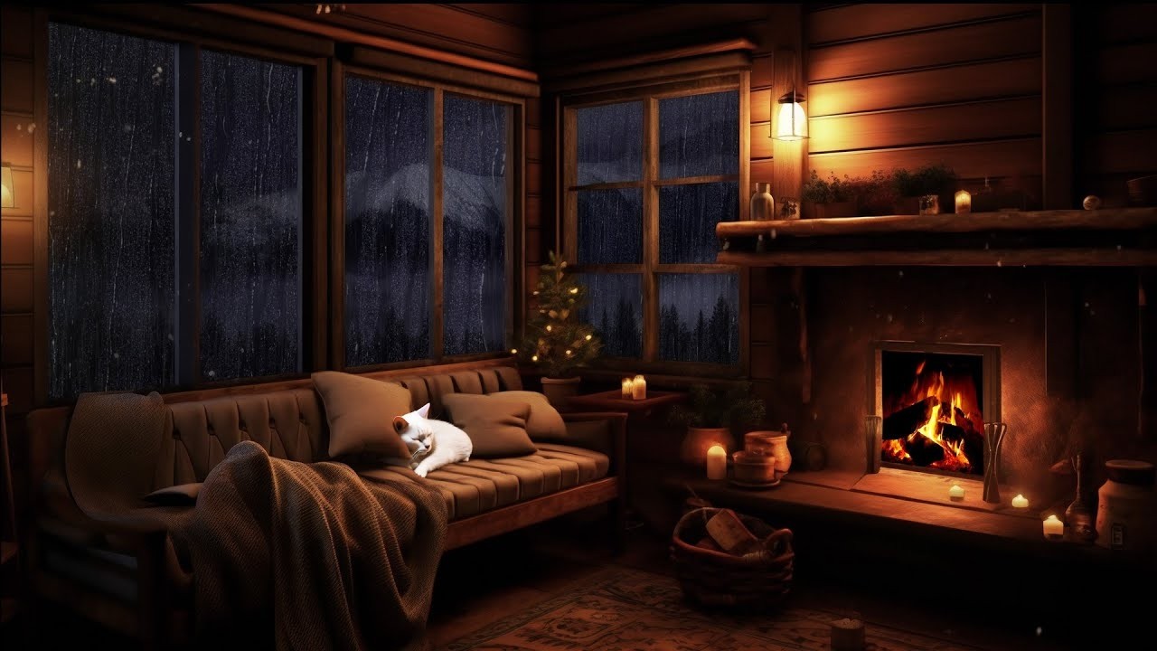 Rain & Fireplace - Cozy Cabin Ambience for relaxing and sleeping 🌧️