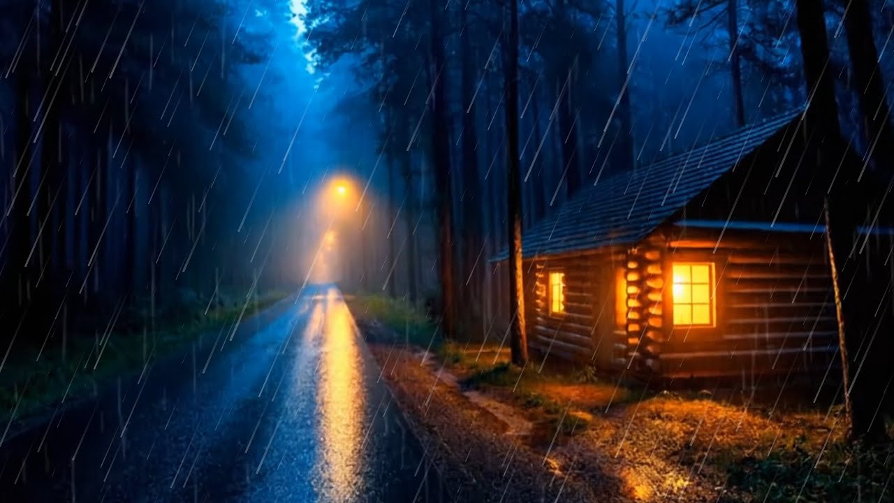 🔴Rainy Forest Road at Night 🌧️ | Cozy Cabin Lights, Static Camera Ambience for Deep Sleep (4K)