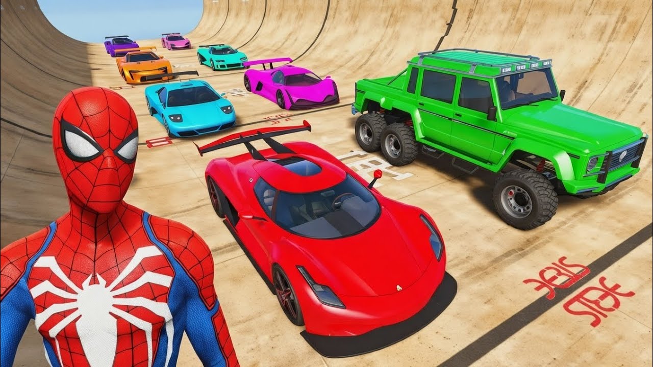 GTA V Superhero Crazy Racing Challenge & Supercars - GTA5 Spider-Man Car Stunt Race