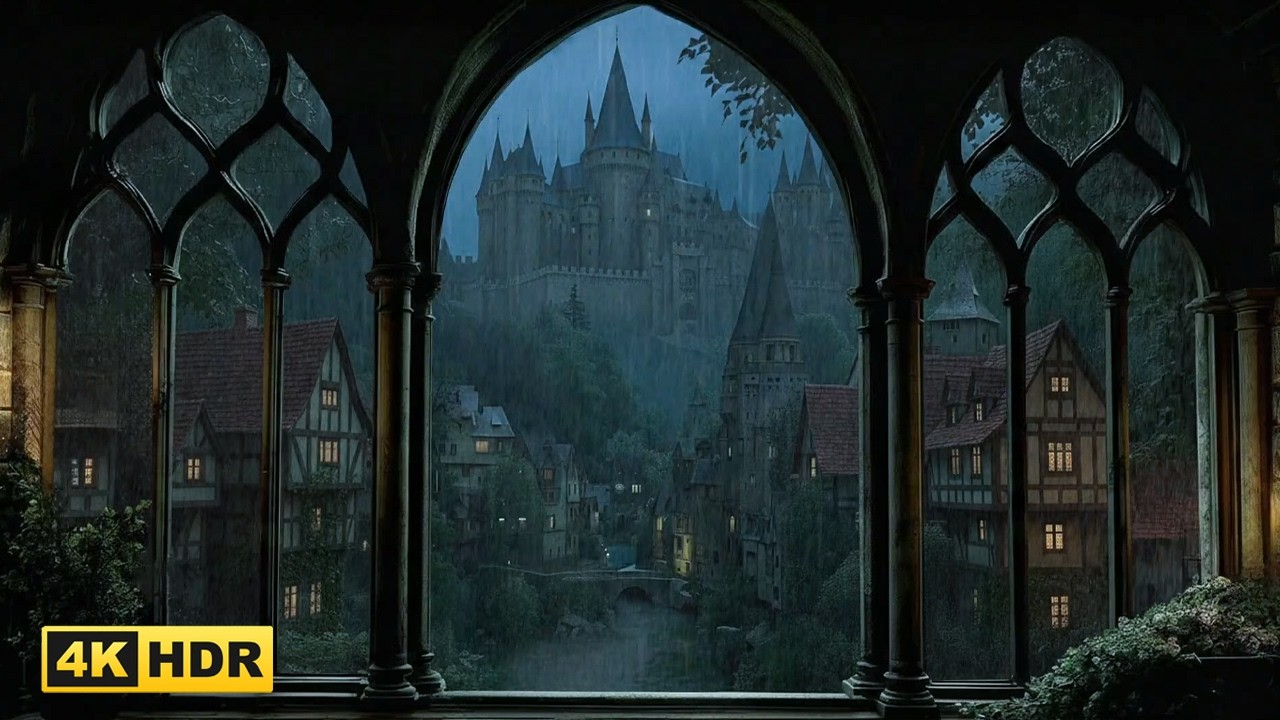 4K Hogwarts Rain Window View | Harry Potter screensaver with Thunder to Sleep| projector fake window