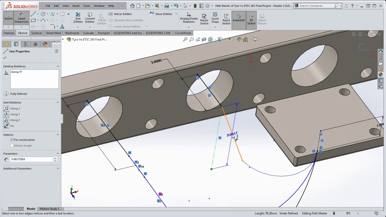 SolidWorks, How to Fully Define a 3D Sketch that Contains Non-Planar Lines and Arcs