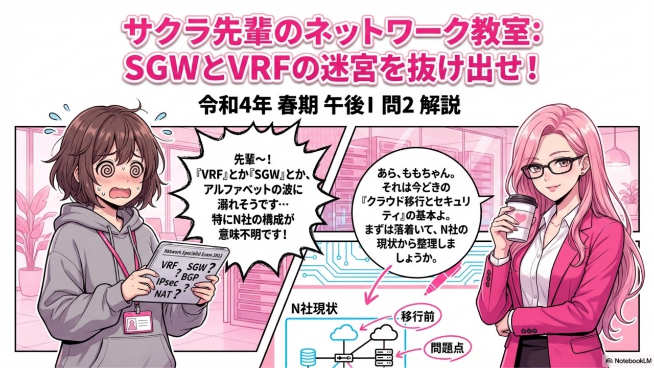 令和4年度春期ネットワークスペシャリスト試験午後Ⅰ問2過去問題解説 ‐ サクラ先輩のネットワーク教室:SGWとVRFの迷宮を抜け出せ!
