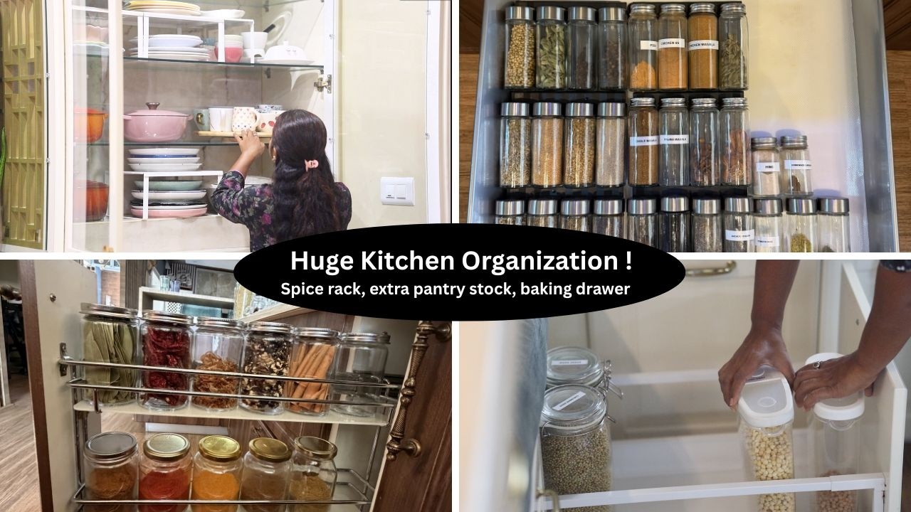 Huge Kitchen Organization ! Spice rack, extra pantry stock, baking drawer