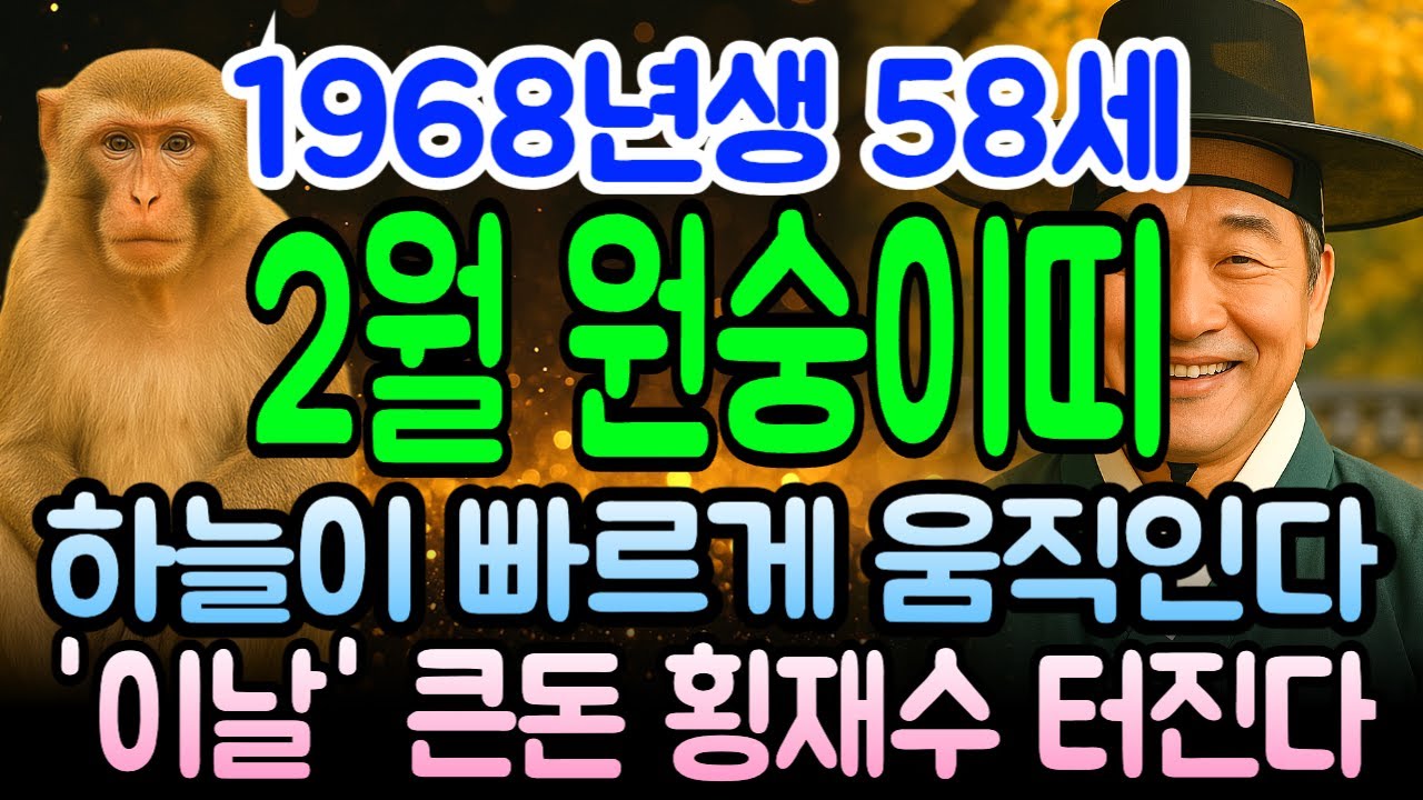 무신년생 1968년 원숭이띠 58세 병오년 2월 특급정보! 돈복 넘치고 황금 같은 기회 세 번 온다, 인생 바뀌는 터닝포인트 여기 있습니다