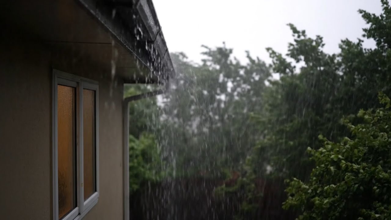 Morning Overcast Sheets of Rain Along a Roofline — Steady Storm Ambience