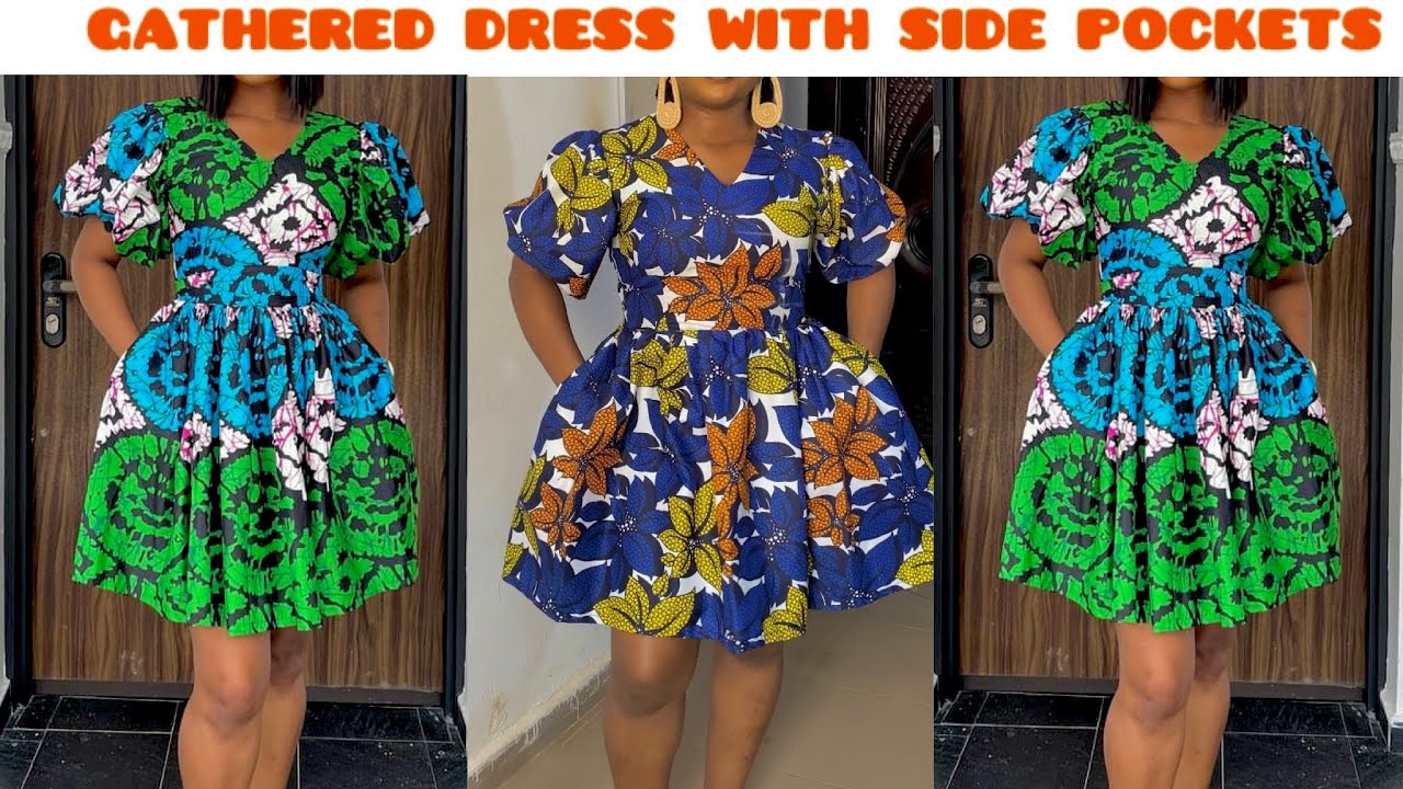 How to make a Simple Gathered dress with Side Pockets and Puffy Sleeve / Beginner’s sewing Tutorial