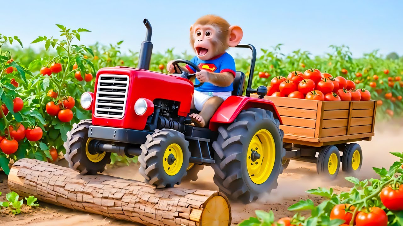 The Monkey Farmer Drives His Tractor to Harvest Tomatoes and Gets Into BIG Trouble -Monkey Farm Work