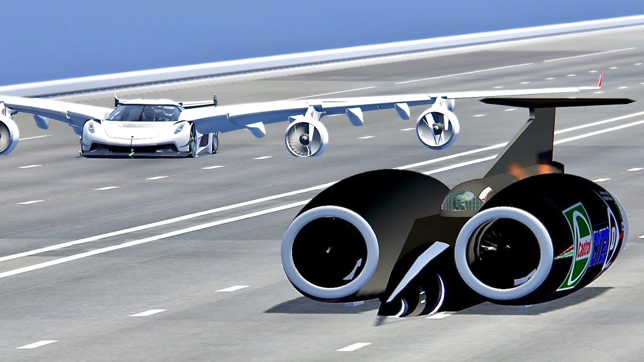 Thrust SSC Fastest Car In The World VS Koenigsegg Jesko with Airplane Kit - Drag Race 20 KM