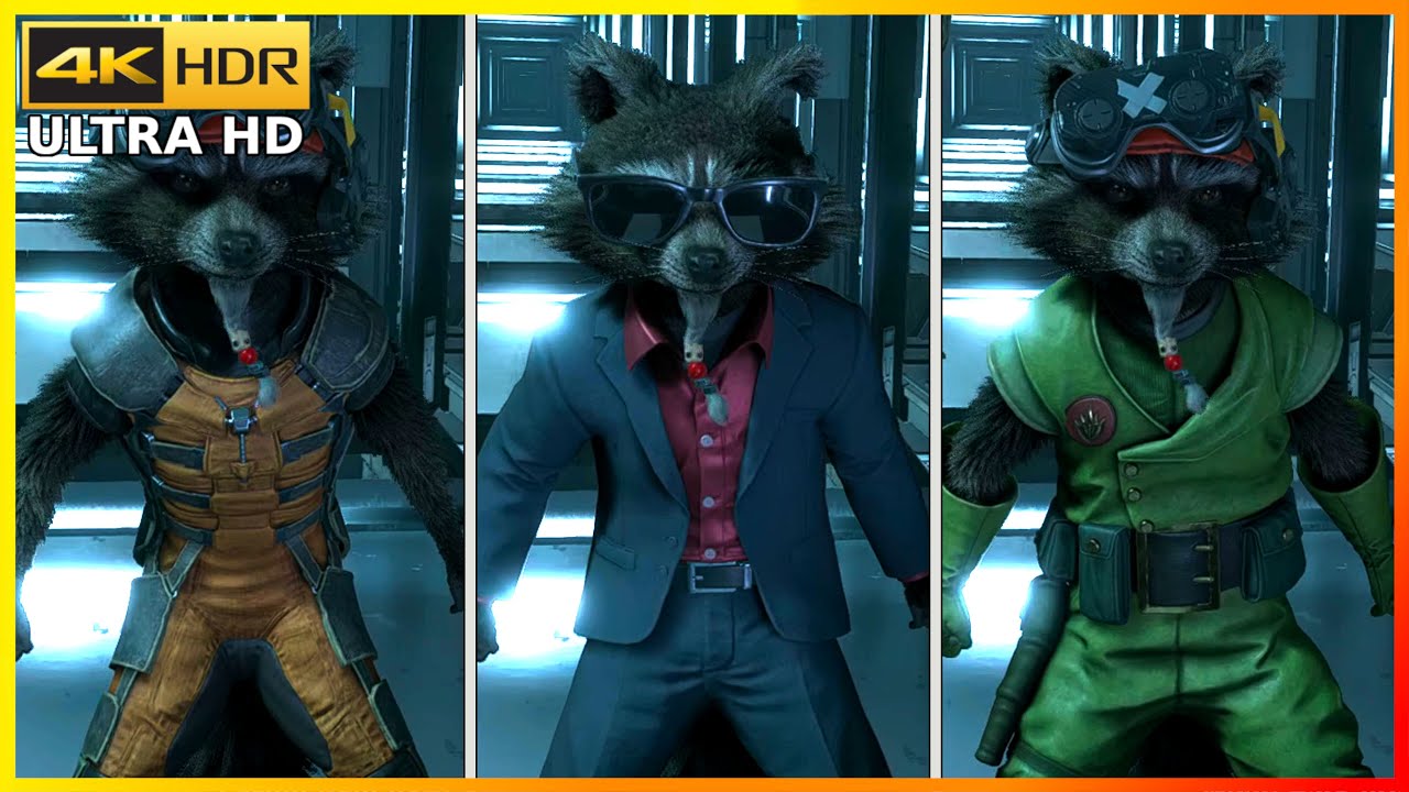 Rocket's Barking Scene In All Skins GUARDIANS OF THE GALAXY Outfits [4K HDR 60fps]