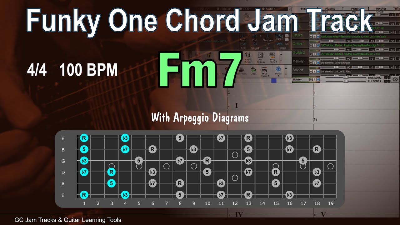 Fm7 One Chord Backing Track. Funky Groove 100 BPM with Arpeggio Diagrams
