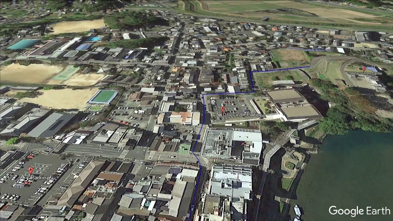 Ozu Castle Google Earth from Iyo ozu Station