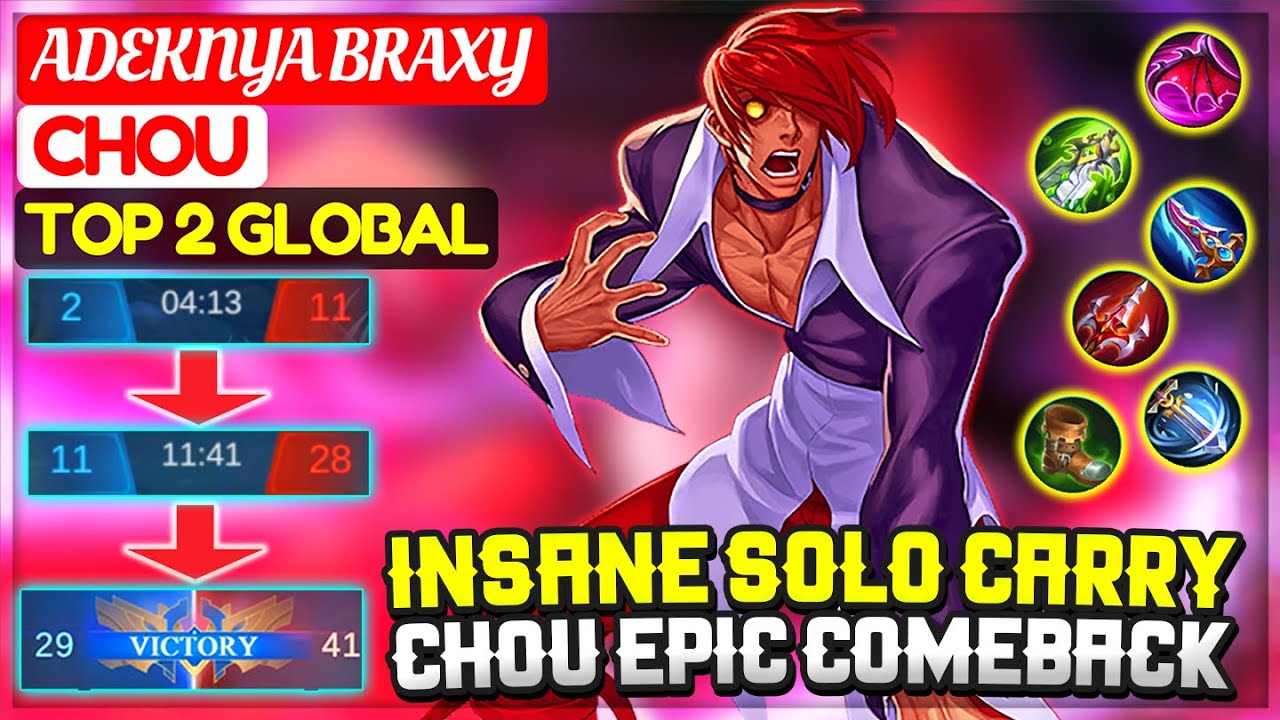 INSANE SOLO CARRY, CHOU EPIC COMEBACK [ Top 2 Global Chou ] ADEKNYA BRAXY - Mobile Legends