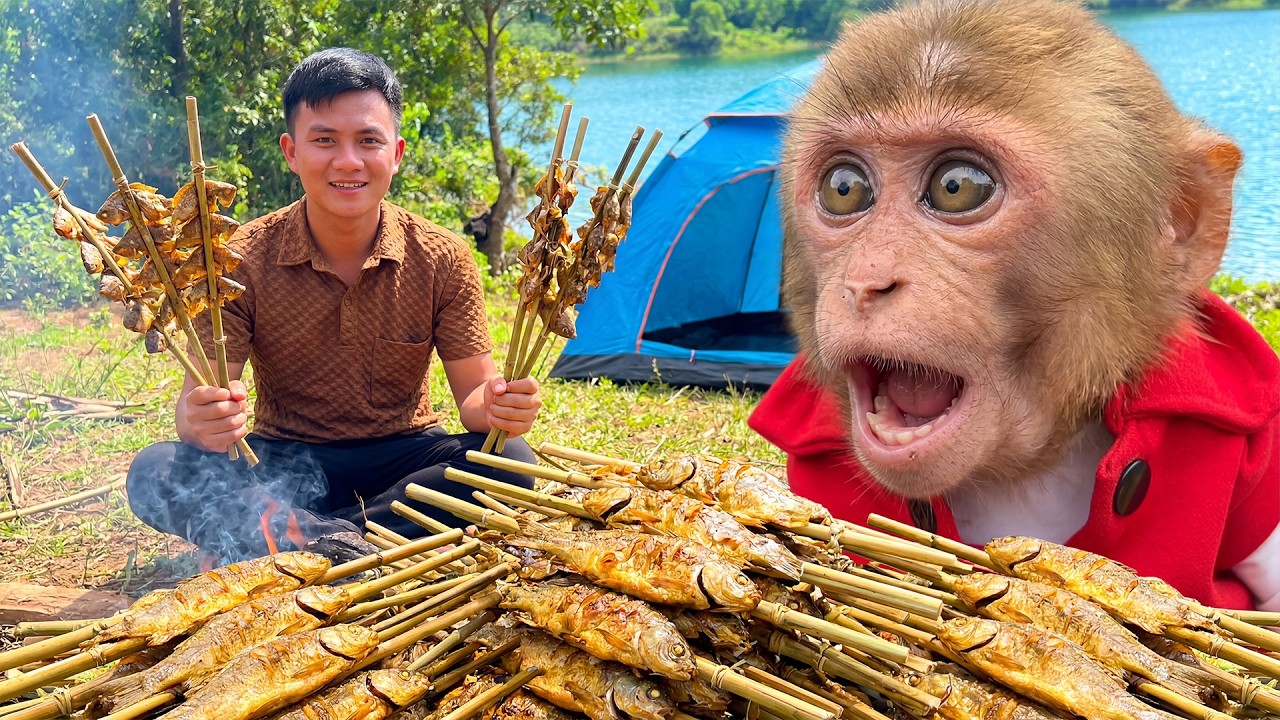 Bon and Dad Catch Fish in the Lake and Grill Them for a Relaxing Meal