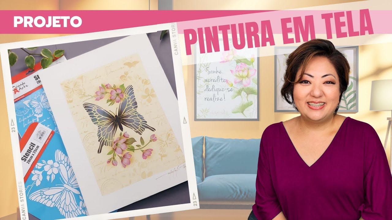 Pintura em Tela Borboleta e Cerejeiras