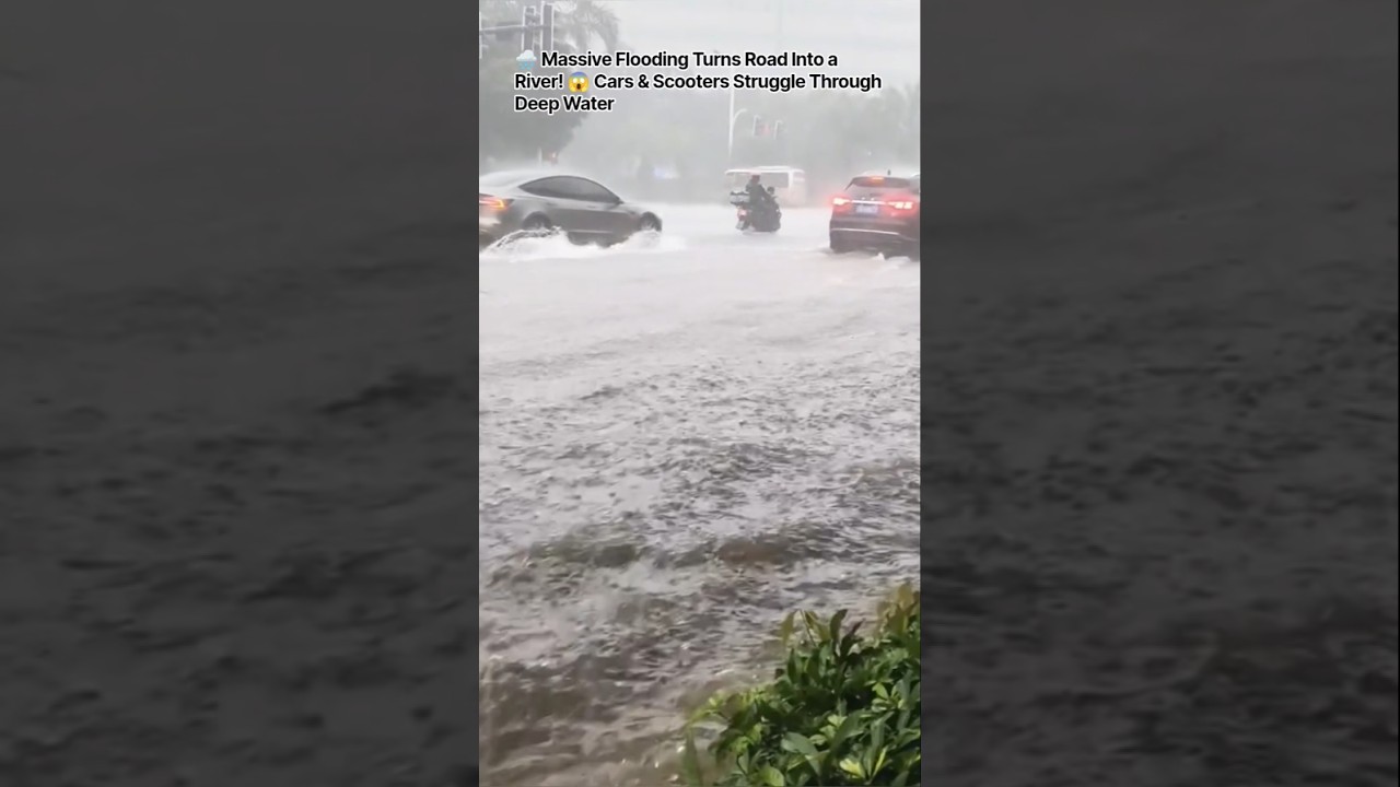 🌧️ Massive Flooding Turns Road Into a River! 😱 Cars & Scooters Struggle Through Deep Water #shorts