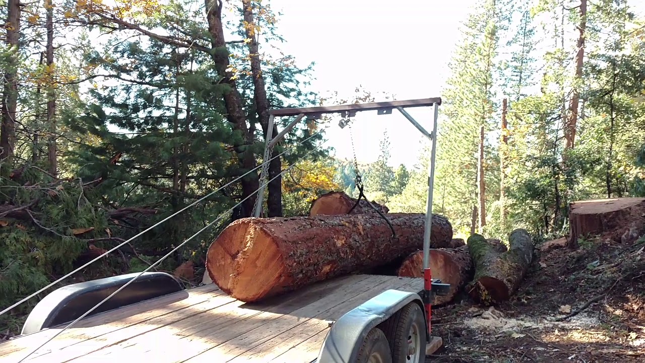 loading first 3500 pound log on trailer with home made log arch and 9000 pound winch