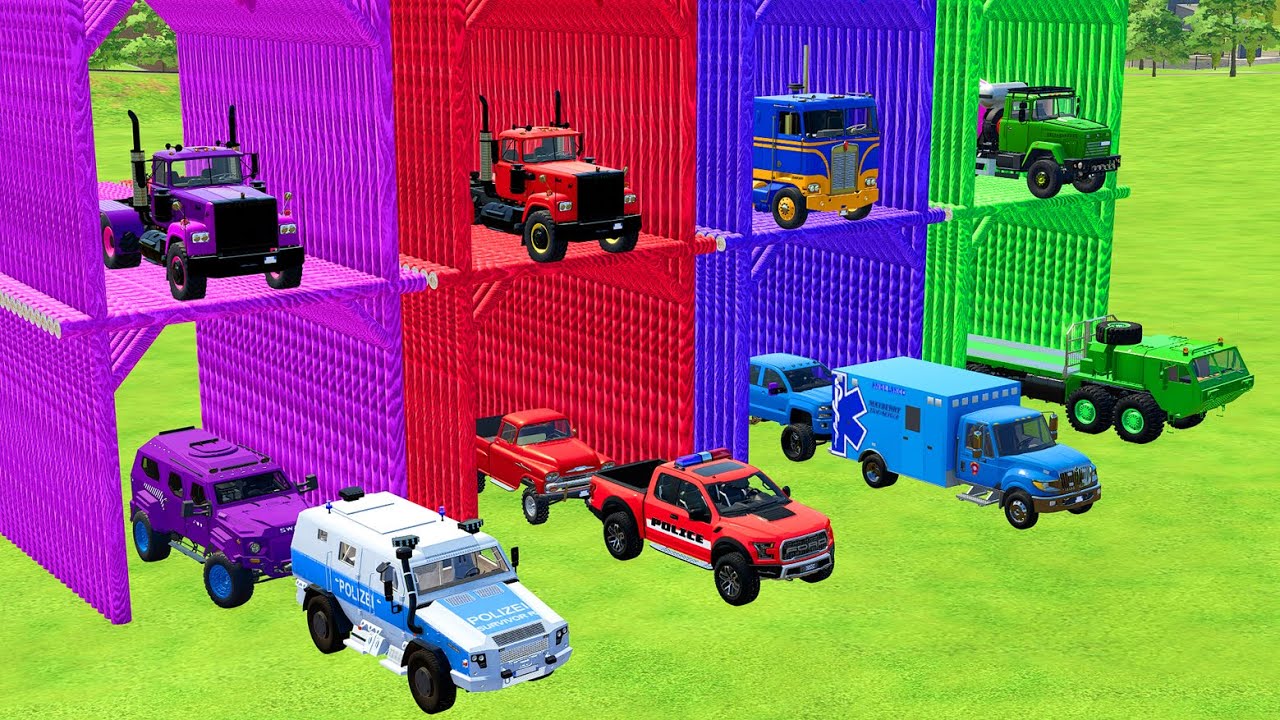 TRANSPORTING POLICE CARS, AMBULANCE, FIRE TRUCK, COLORFUL CARS WITH TRAIN -FARMING SIMULATOR 22!