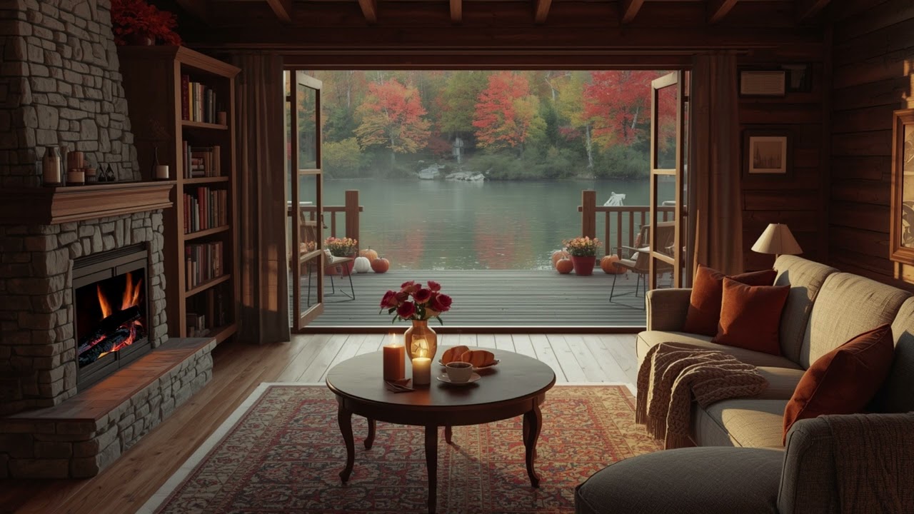 Relaxing Autumn Cabin 🍁 Fireplace, Rain & Lake Sounds for Deep Sleep