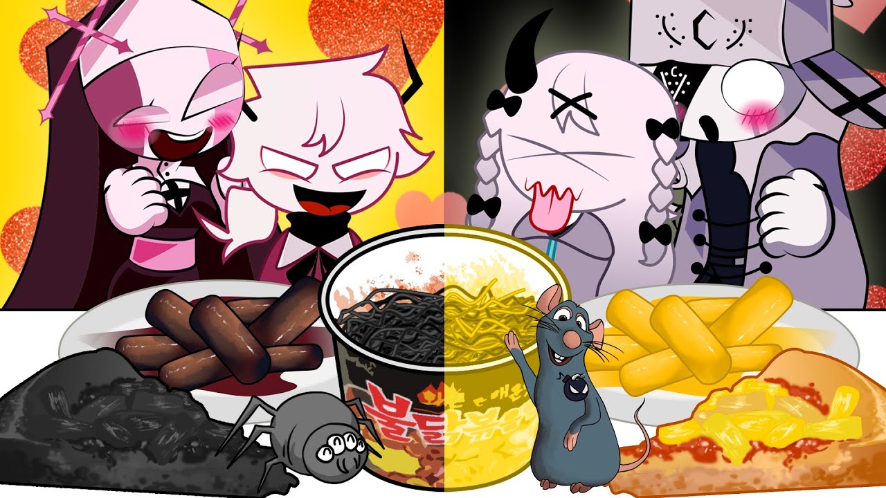 BLACK VS YELLOW FOOD Challenge! -FridayNightFunkin (feat. Ruv,Sel,Sarvente,Rasazy) ANIMATION MUKBANG