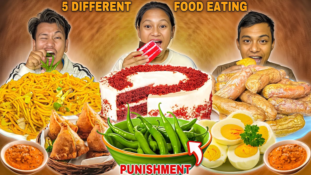 5 DIFFERENT FOOD EATING CHALLENGE 😱 || Spicy Chili 🌶️ Punishment || Sausage,Noodles,Cake,Samosa,Egg