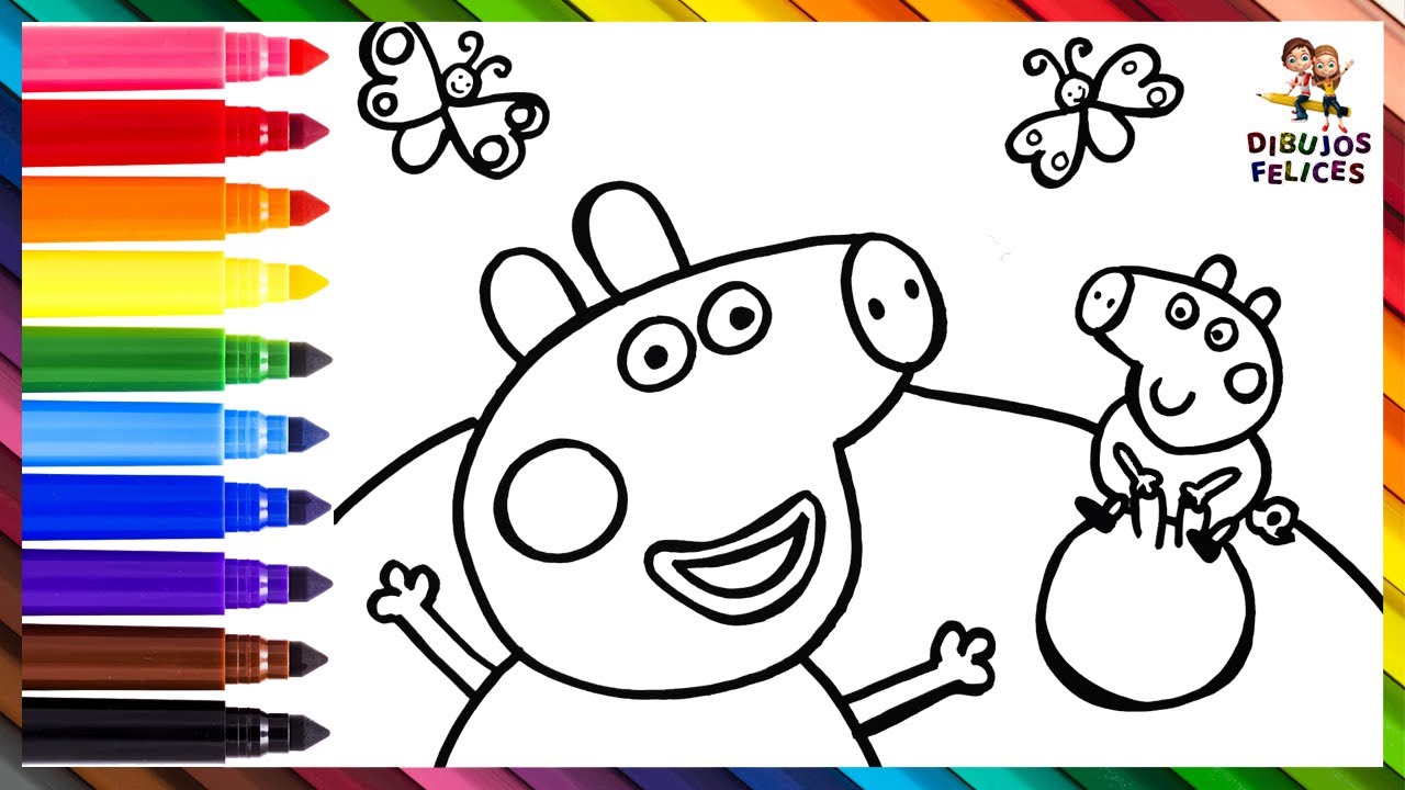 Dibuja y Colorea A Peppa Pig Y George Pig Jugando Afuera 🐷🌄🦋🔵 Dibujos Para Niños