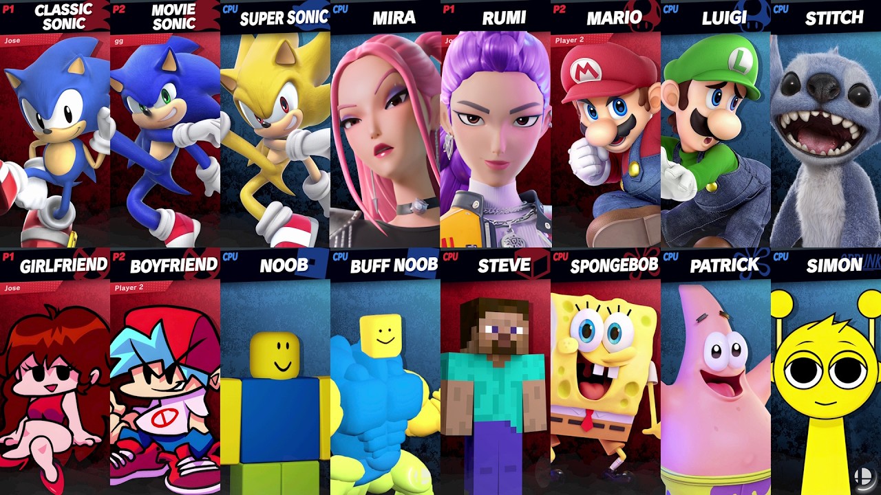 Sonic vs Mario vs SpongeBob vs Steve vs Roblox vs Minecraft vs Fortnite | Super Smash Bros Ultimate