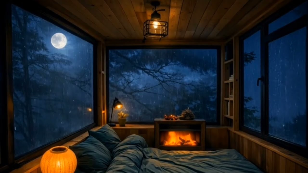 2 Hours Cozy Rain Night Bedroom 🌙 Fireplace & Moonlight Ambience for Deep Sleep