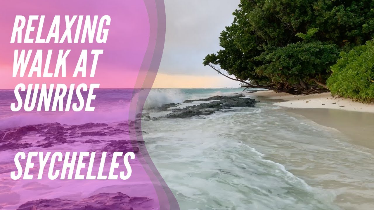 Relaxing walk at sunrise 4K, Seychelles, beach hotel Hilton Labriz Resort island Silhouette