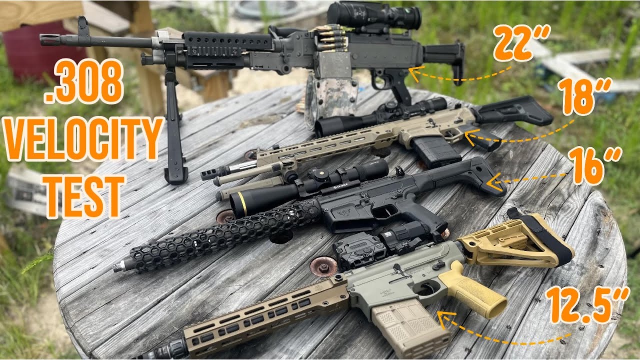 Сравнение длины ствола AR-10 .308. Стволы 22'', 18'', 16'' и 12,5''.