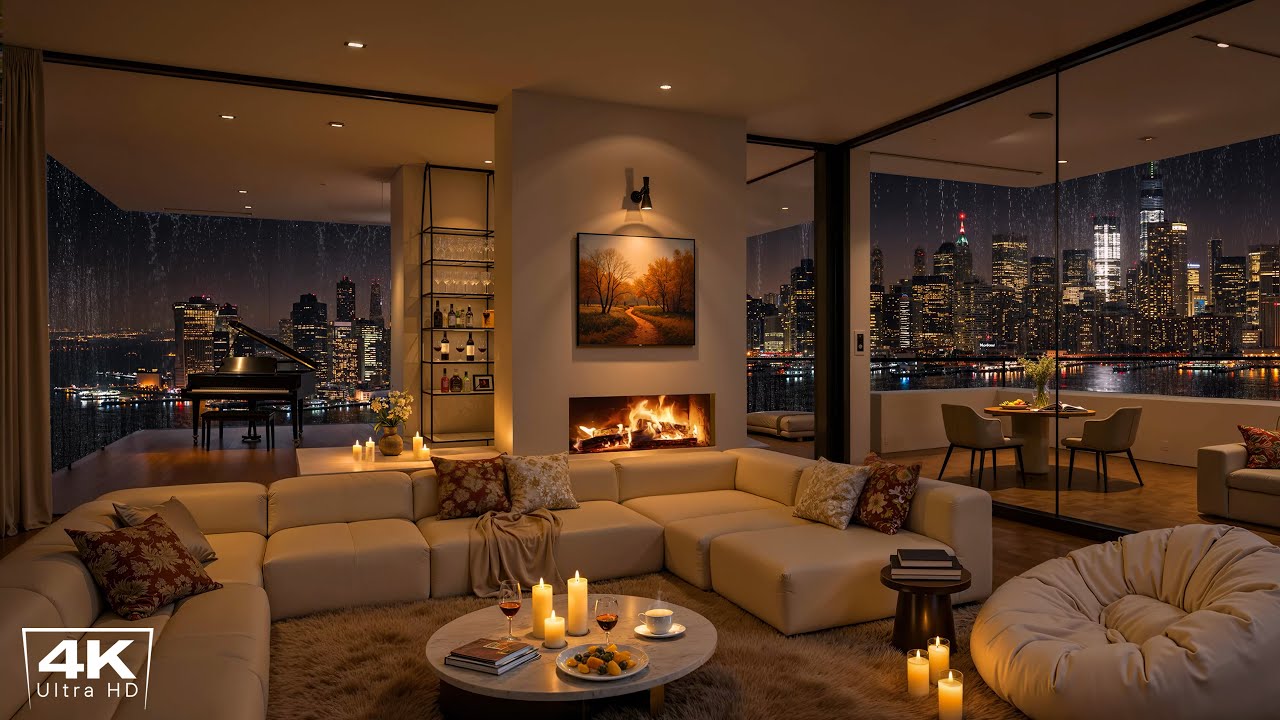 Cozy Apartment Jazz ~ Serene NYC Escape with Smooth Piano Jazz, Rain & Fireplace Sounds for Sleep
