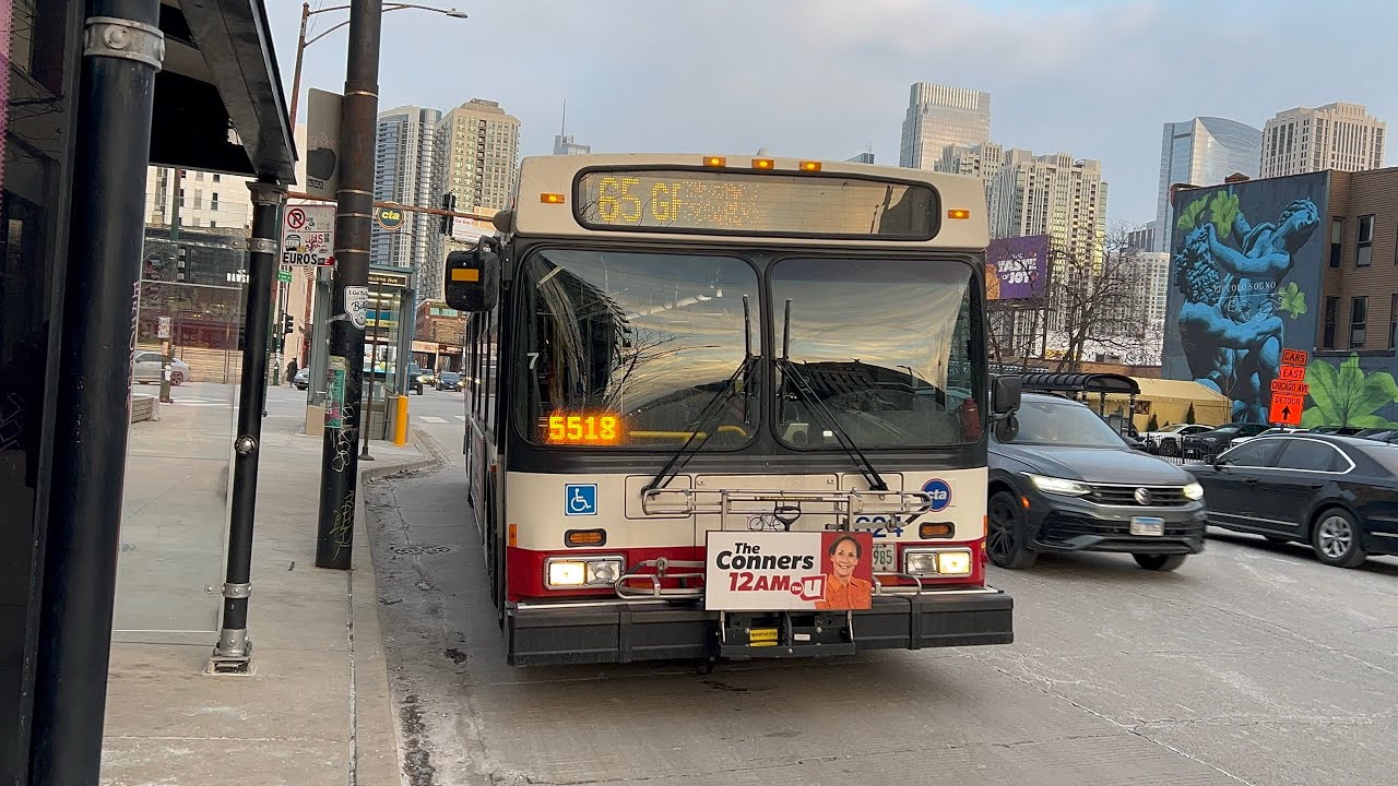 CTA Bus Ride On Route 65 Grand From Milwaukee Blue Line To Pulaski CTA New Flyer D40LF 2007 #1624