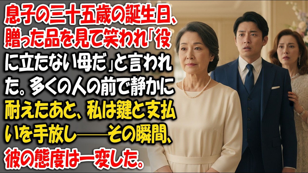 息子の三十五歳の誕生日、贈った品を見て笑われ「役に立たない母だ」と言われた。多くの人の前で静かに耐えたあと、私は鍵と支払いを手放し——その瞬間、彼の態度は一変した。