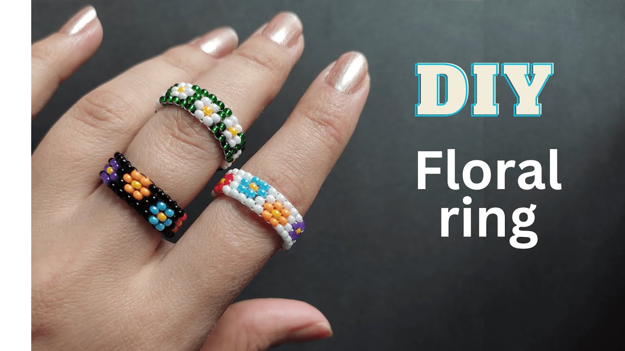 Diy flower ring with beads, peyote beading tutorial