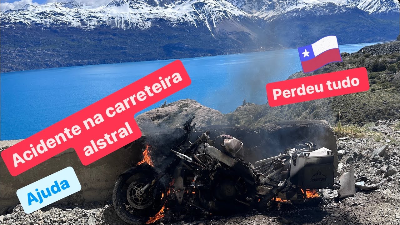 Acidente com motociclista Brasileiro no Chile moto pega fogo na carreteira alstral