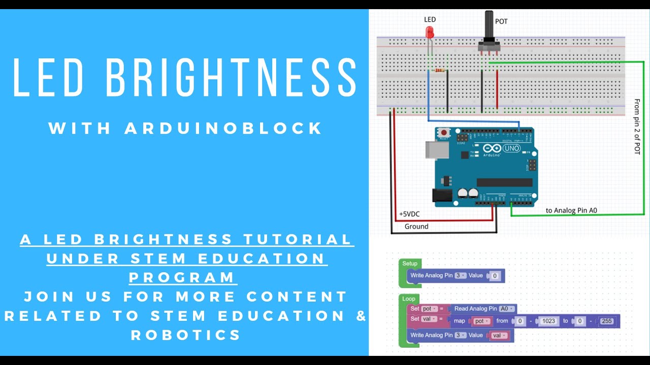 LED Brightness control project based on Arduino and ArduinoBlocks' visual programming tool.