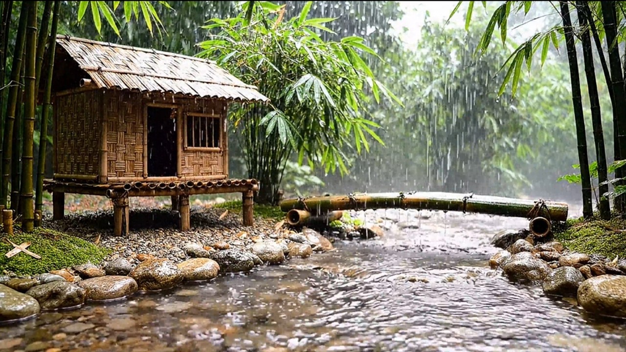Heavy Rain on Bamboo Hut by the River 🌧️ Relaxing Forest Stream Sounds for DeepSleep & Stress Relief
