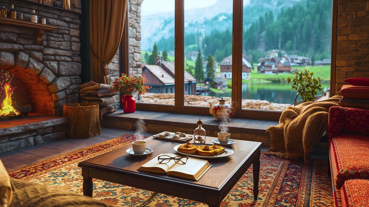 Alpine Chalet Jazz by the Fireplace ☕ Mountain Lake View for a Serene Reading Escape & Calm Evenings