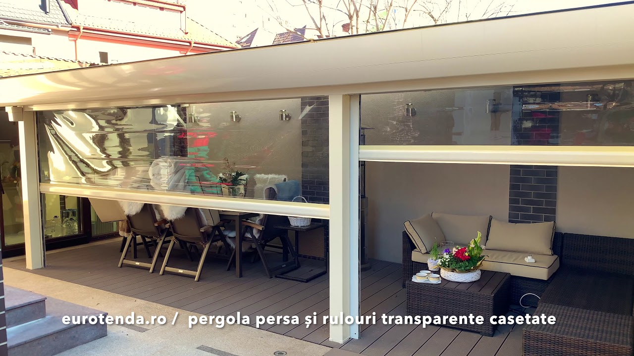 Pergola Retractabila model PERSA închisă cu Rulouri Transparente Casetate | Eurotenda Paradise