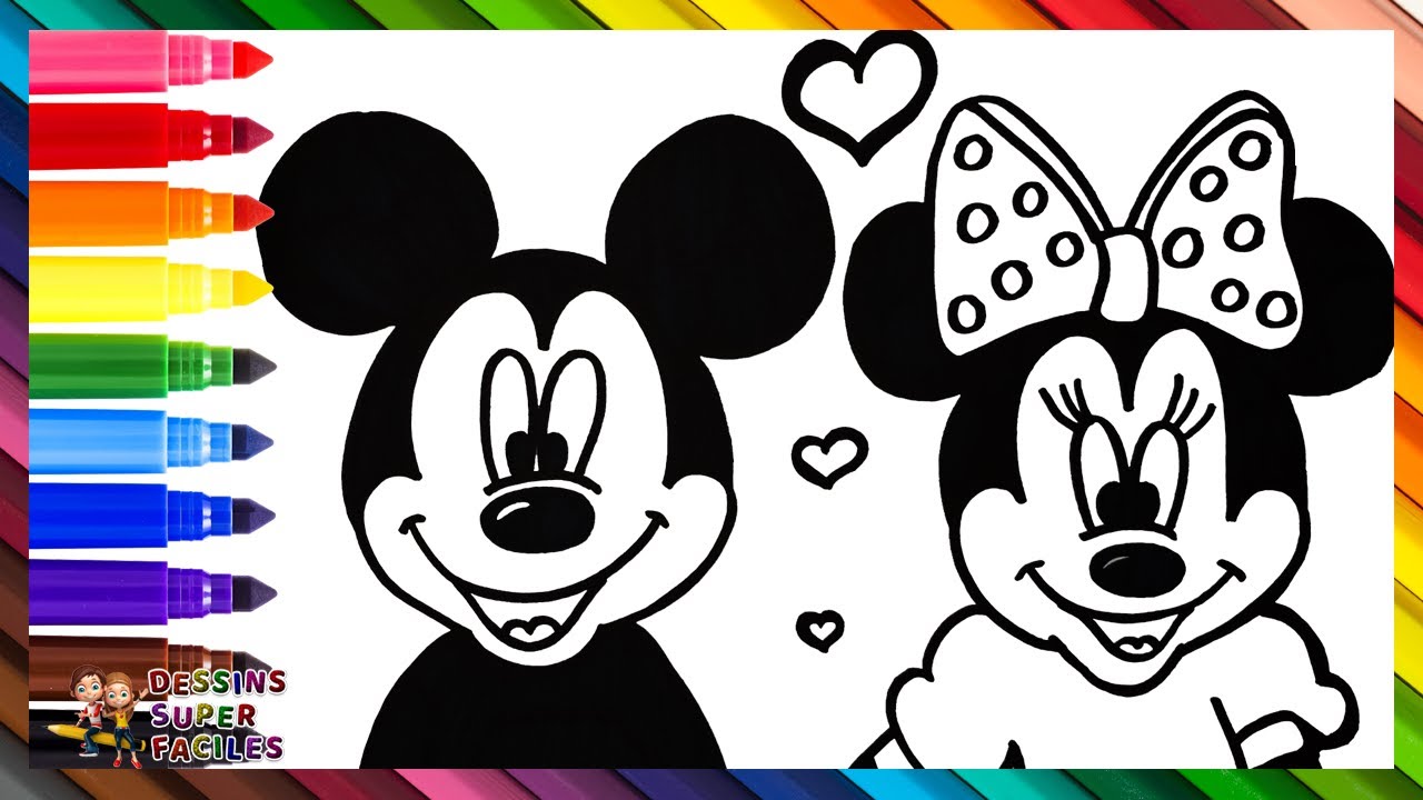 Dessiner et colorier Mickey Mouse et Minnie Mouse ⚫⚫❤️⚫🎀⚫ Dessins pour enfants