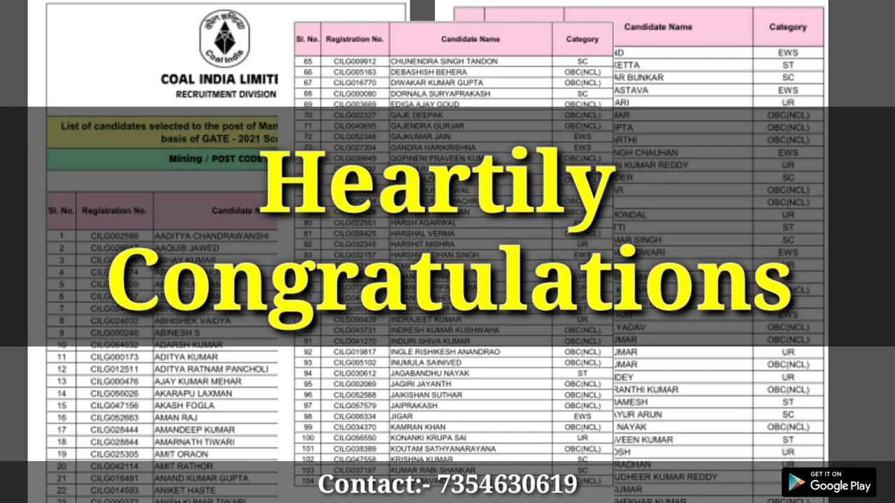 CIL MT 2021 selected candidate list/ GATE MINING/MINING GYAN