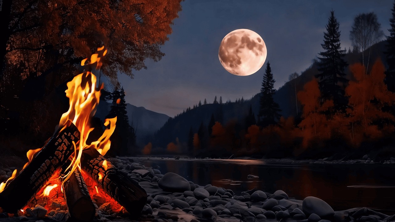 Full Moon Forest Night 🔥 Riverside Campfire & Gentle Nature Sounds for Deep Sleep (4K ASMR)