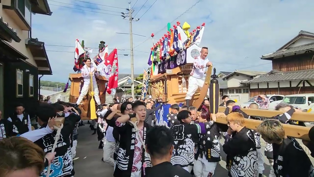 2025年乙島祭り　土曜日巡行　支部長宅　高崎支部と二艘