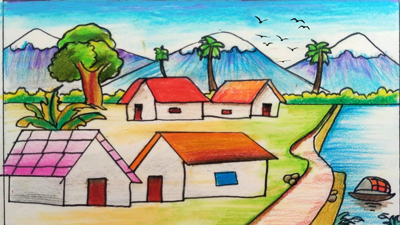 Village Scenery Drawing Easy And Beautiful || Nature Scenery Drawing Easy
