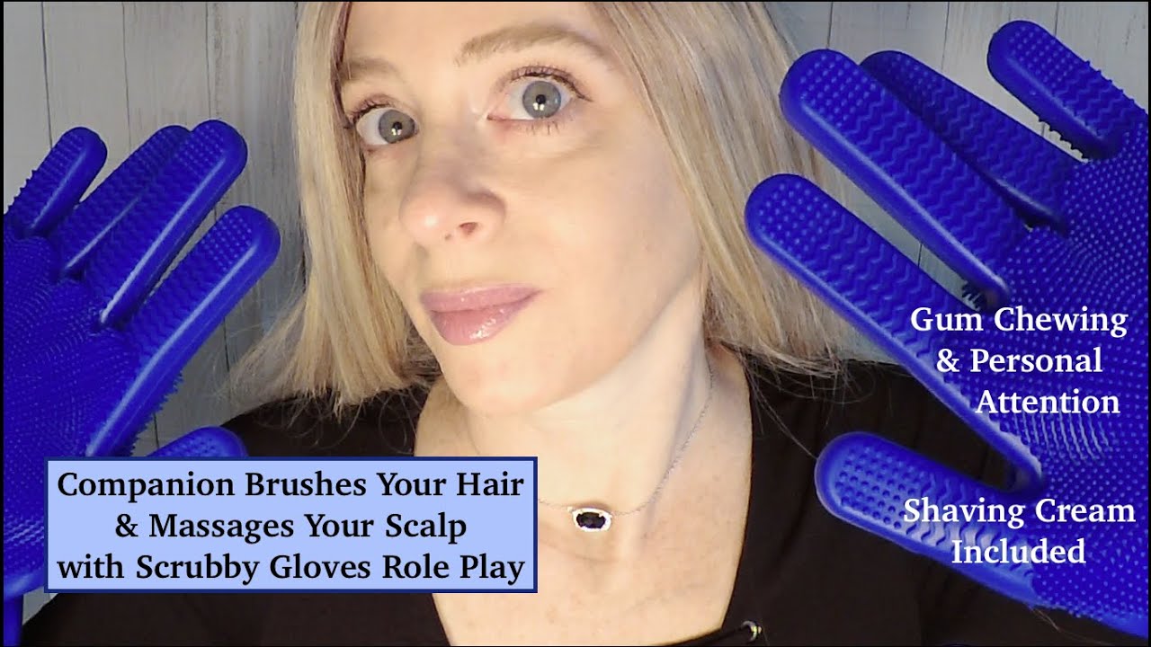 ASMR Brushing Your Hair & Massaging Your Scalp with Scrubby Gloves | Gum Chewing
