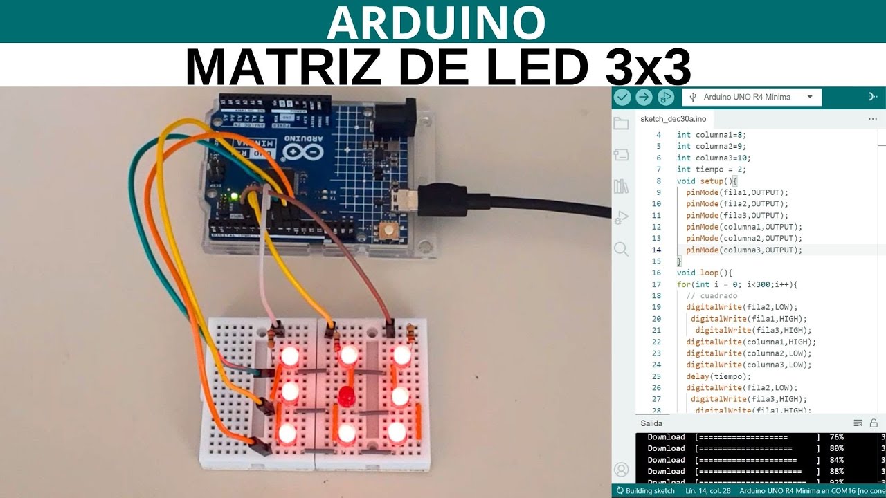 Arduino: Controlando una Matriz de LEDs 3x3 en Protoboard - Tutorial y Prueba