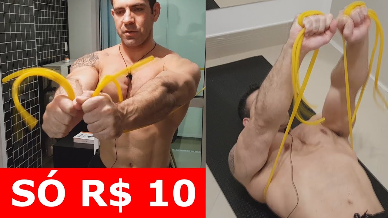 CONTRAÇÃO MONSTRA DE PEITO COM ELÁSTICO DE 10 REAIS (treino em casa)