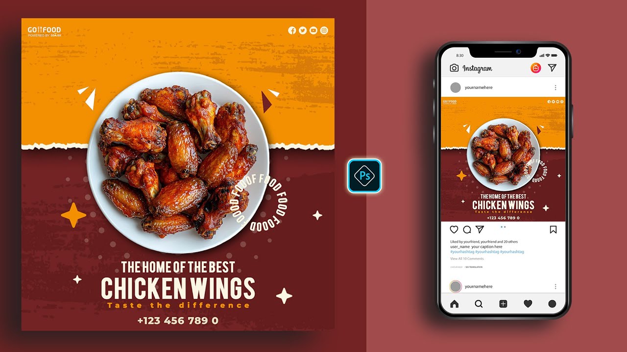 Photoshop Chicken Wings Ad Design | Social Media Banner for Restaurants