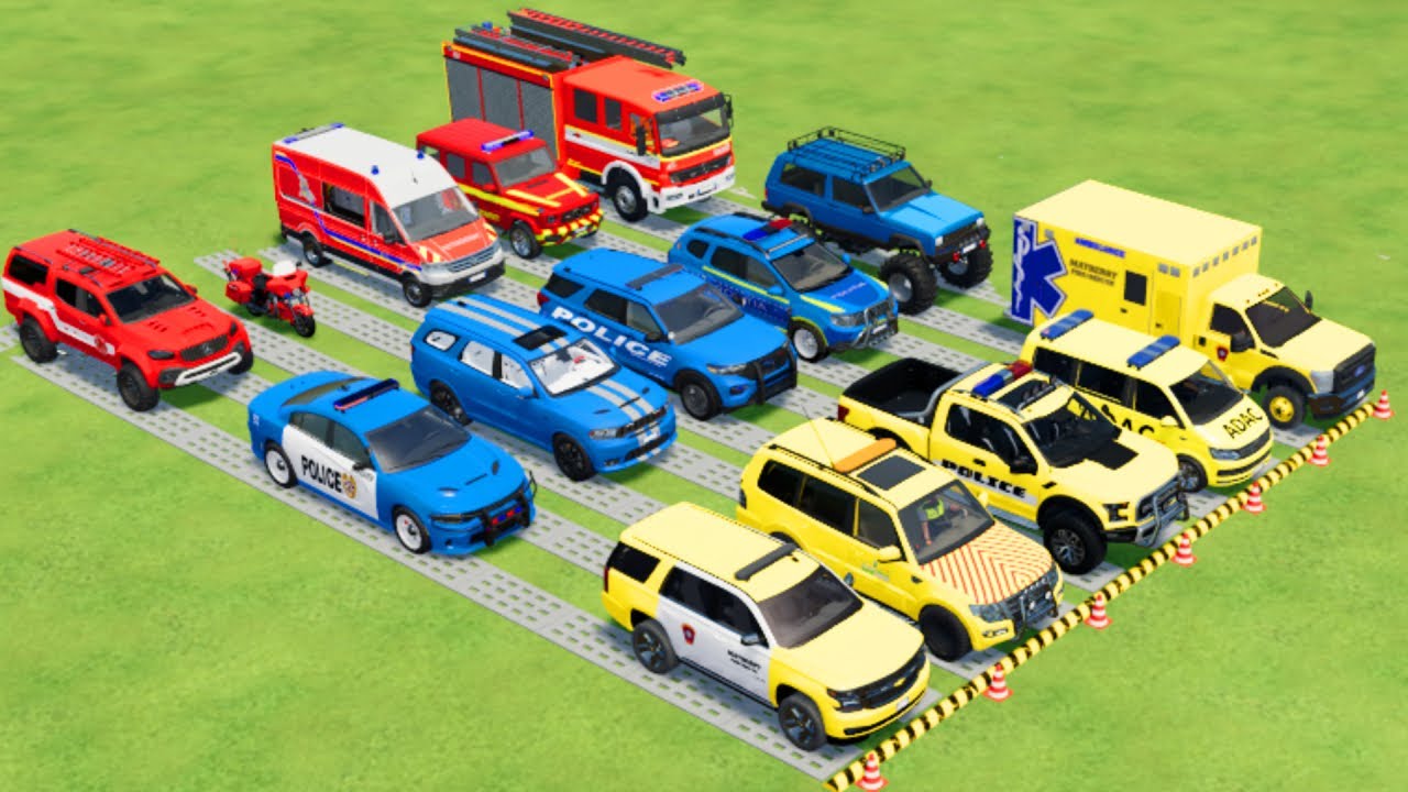 TRANSPORTING ALL POLICE CARS, AMBULANCE, FIRE TRUCK, WITH TRAIN  -FARMING SIMULATOR 22!